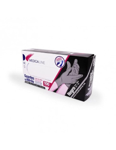 MEDICALINE GUANTES NITRILO SIN POLVO NEGRO. MUY RESISTENTE. CAJA DISPENSADORA DE 100U.